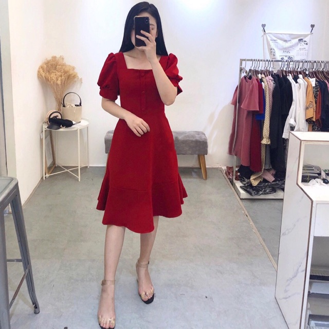 ĐẦM DỎ ĐUÔI CÁ, NÚT BỌC (có ảnh thật) MS72