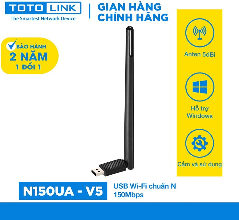 Bộ Thu Sóng Usb WiFi ToToLink N150UA Chuẩn N 150Mbps Ăng Ten 5DPI