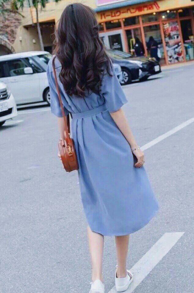Đầm sơ mi xanh đậm túi hộp ( kèm ảnh thật)