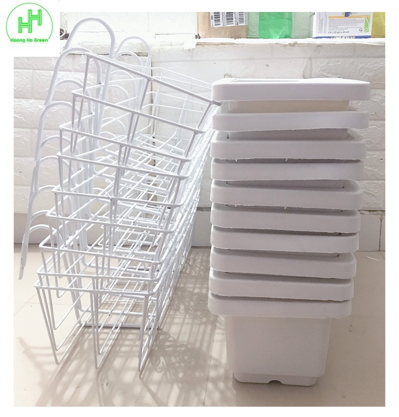 Combo 10 Giỏ Sắt Treo Chậu Hoa Ban Công Hình Chữ Nhật KT 56x18x15Cm - Màu Trắng + 10 Chậu/ Khay/ Máng Nhựa Trồng Rau, Trồng Hoa, Cây Cảnh Kích Thước 60X20X16Cm - Màu Trắng