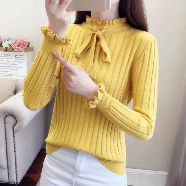 Áo len bánh bèo nơ ngọc cao cấp