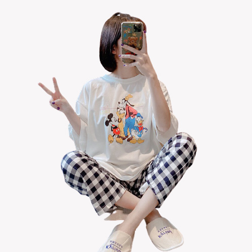 [HCM]Đồ Bộ Nữ Quần Ca Rô Áo In Hình Chuột Mikey Thời Trang Hàn Quốc S0115