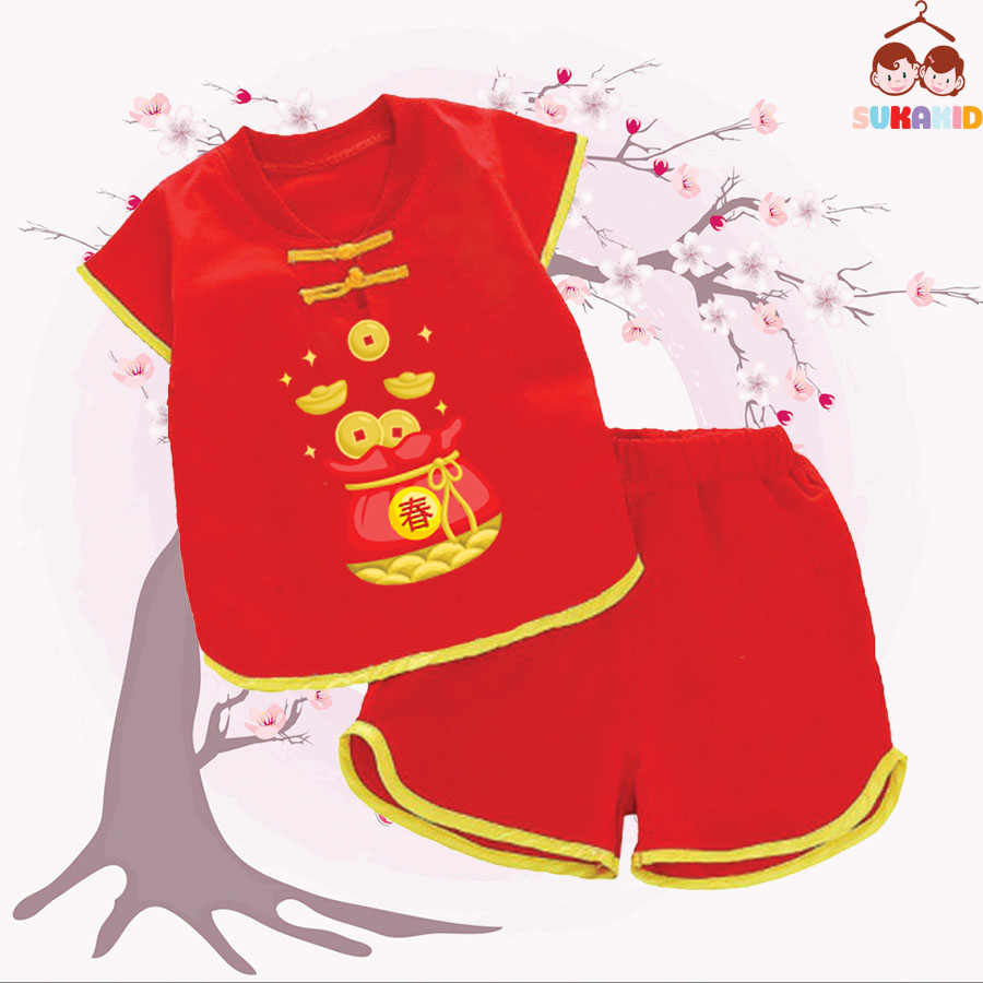 Bộ quần áo tết đồ tết cho bé nút tàu tết xuân cho bé từ 6kg-29kg.NT02.
