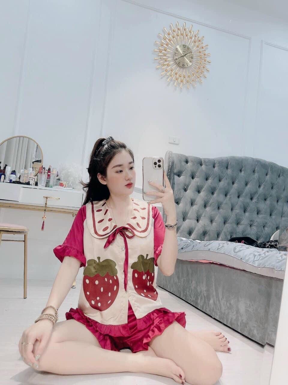 Set bộ mặc nhà, bộ ngủ lụa hình trái cây tiểu thư chất mát.