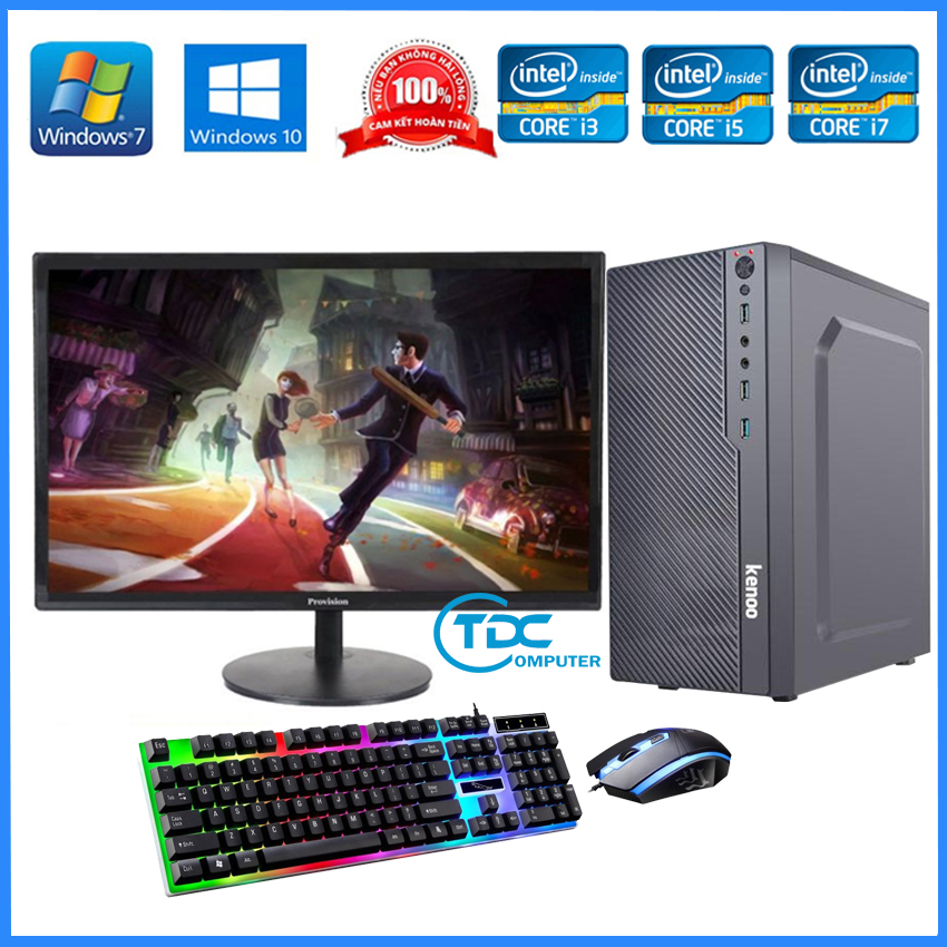 Bộ máy tính để bàn PC Gaming + Màn hình 19 inch Provision Cấu hình core i3, i5 i7 Ram 4GB, SSD 120GB + Quà Tặng bàn phím chuột chuyên Game LED