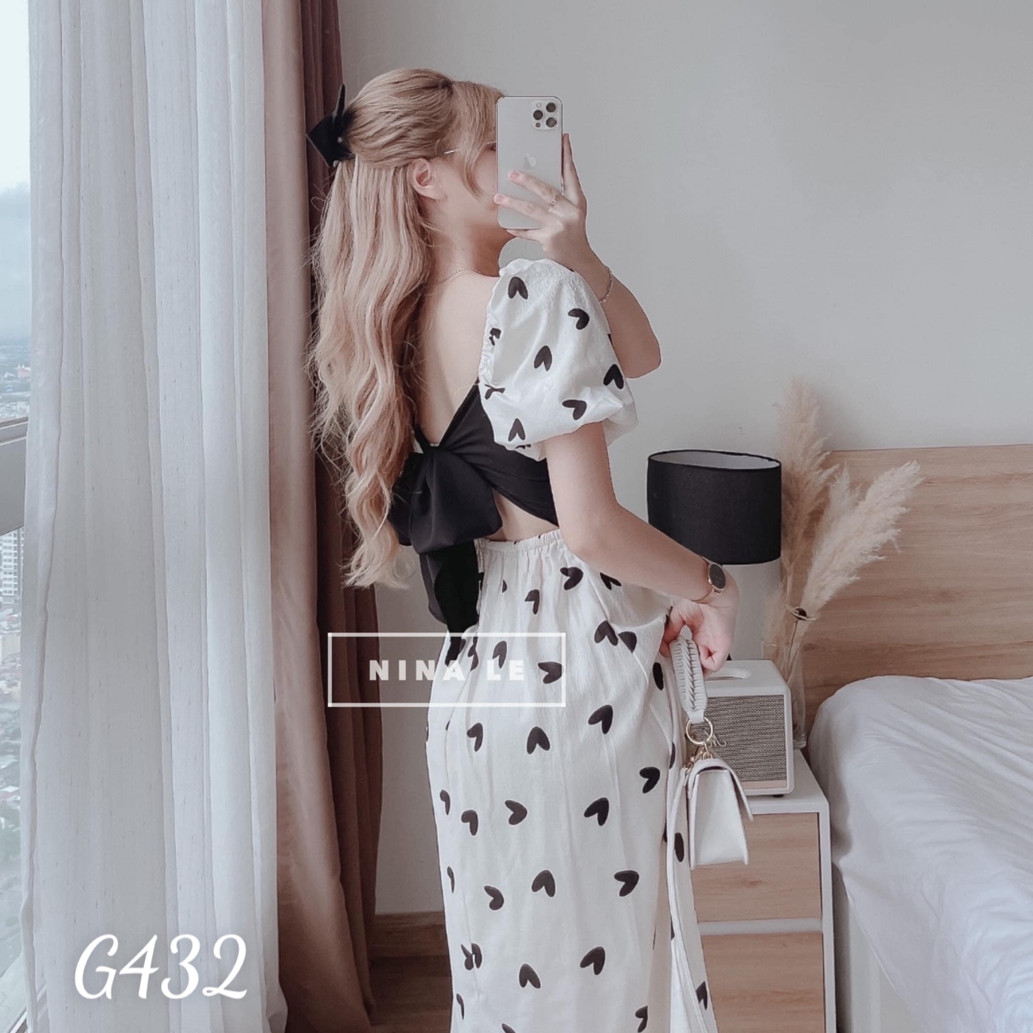 Đầm voan lụa nữ in trái tim cột nơ lưng dáng xoè g432