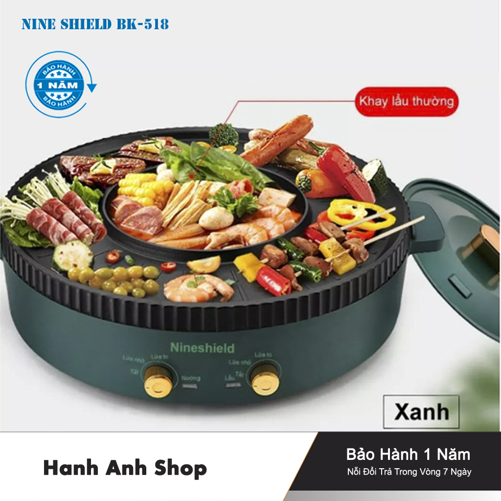Bếp nướng điện nine shield bk - 518, bếp lẩu nướng đa năng 2 trong 1 - chính hãng bảo hành 12 tháng