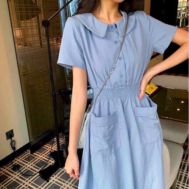 Đầm cổ sen thun eo 2 màu