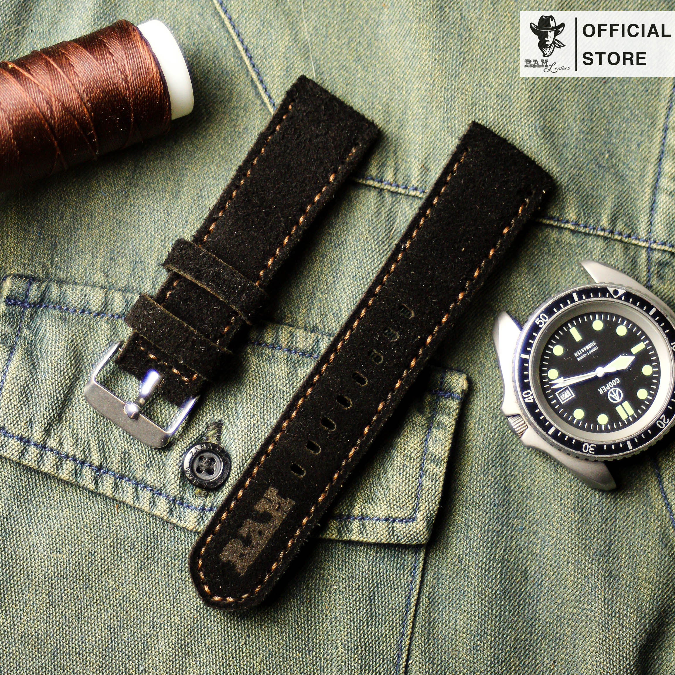 Dây da đồng hồ Siêu bền RAM Leather Classic 1966 Da Lộn Đen