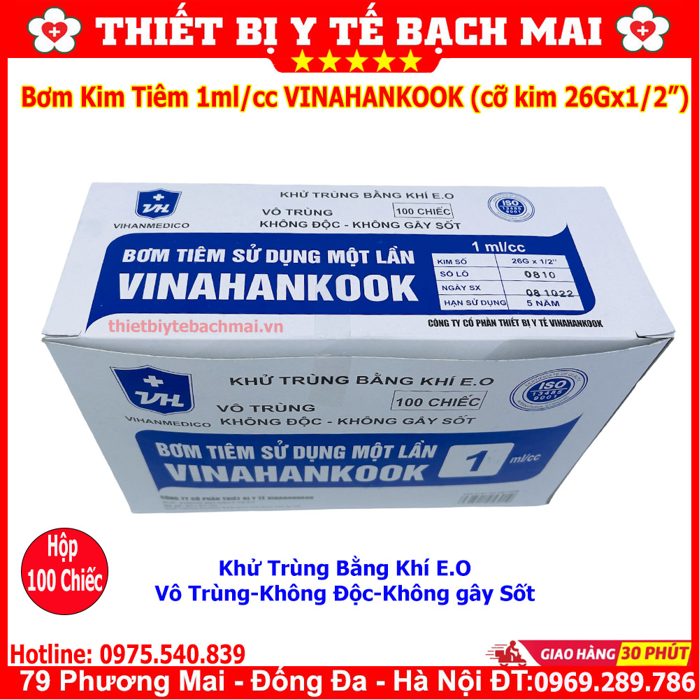 [Hộp 100] Bơm Tiêm 1ml VINAHANKOOK Đầu Kim 26G