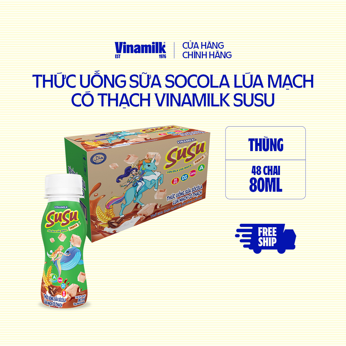 Thức Uống Sữa Socola Lúa Mạch có thạch SuSu - Thùng 48 chai 80ml