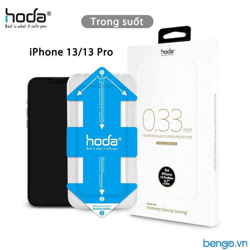 Dán cường lực iphone 14 pro/14 pro max/13/13 pro/iphone 13 mini/iphone 13 pro max hoda full clear agbc corning kèm khung dán