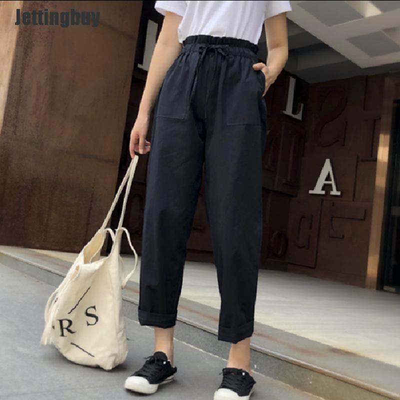 Quần Dài Nữ Jettingbuy Vải Cotton Dải Thắt Lưng Co Giãn Dáng Rộng Ống Rộng