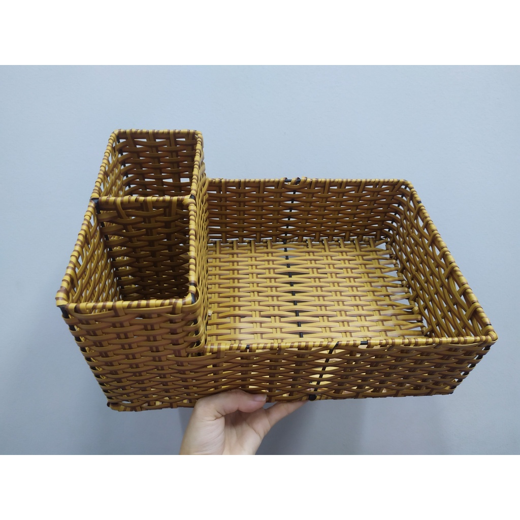 Khay nhựa giả mây tre đan đựng thìa đũa ống tăm giấy ăn các lọ gia vị