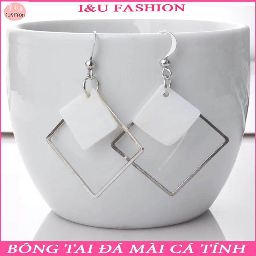 Khuyên tai nữ bông tai nữ phong cách hàn quốc hot trend chất liệu kim loại họa tiết hình vuông đá mài thanh lịch cá tính KT-03