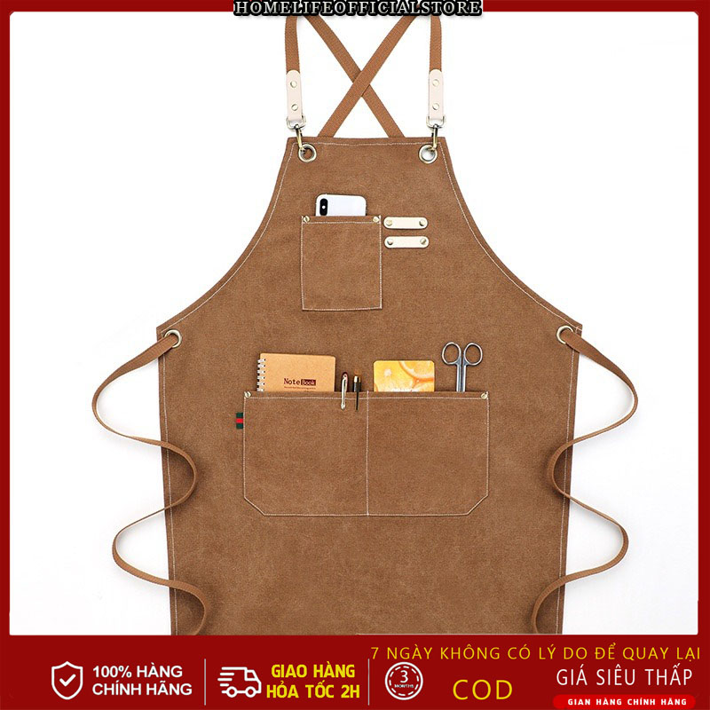 Tạp dề vải,Tạp dề dài vải canvas có thể điều chỉnh dây đeo, Tạp dề pha chế cao cấp cho nhân viên phục vụ