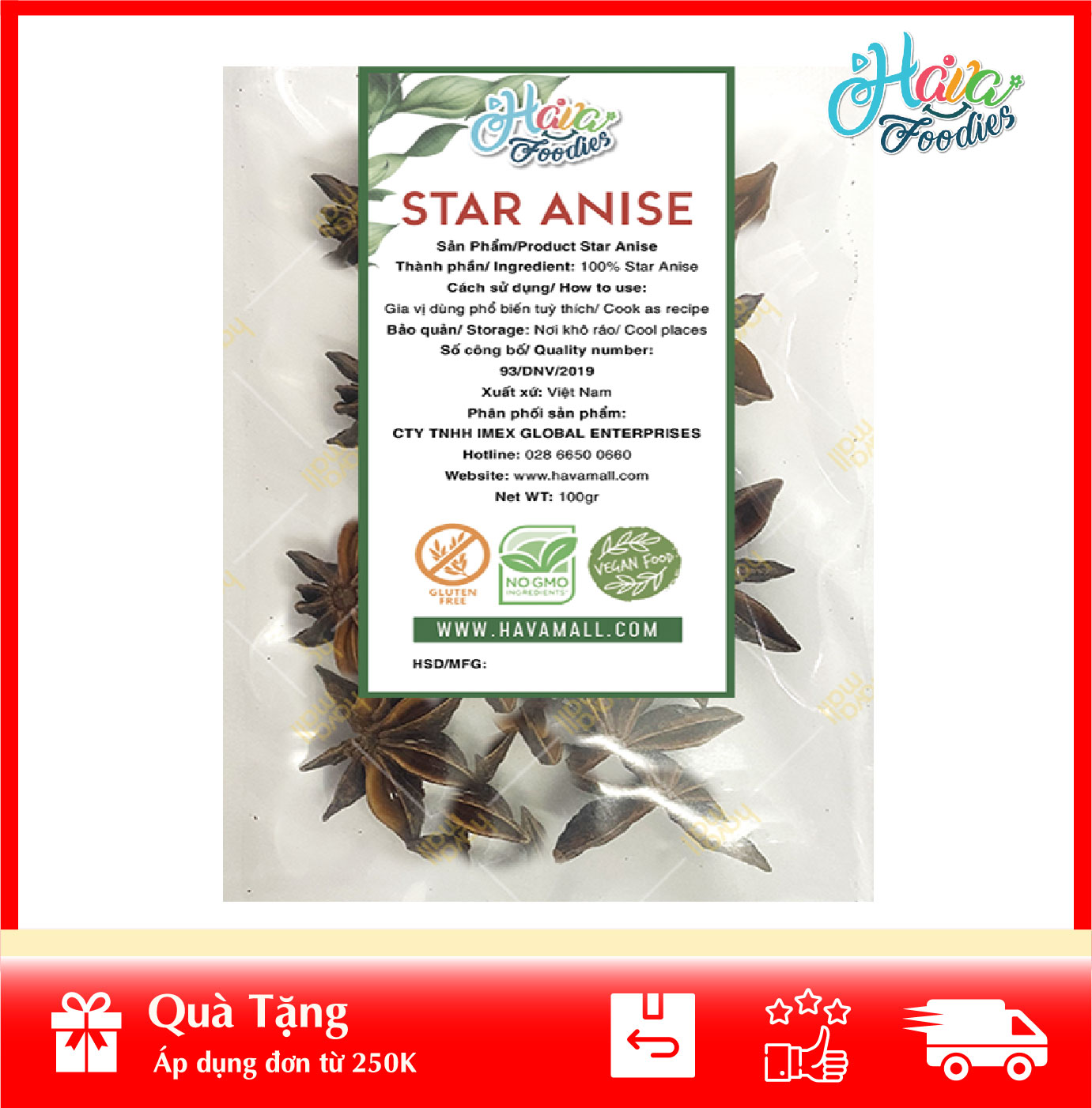 [HOÀN TIỀN MAX 10%][ HÀNG CÔNG TY NHẬP KHẨU ] Hoa Đại Hồi Thương Hiệu Hava Foodies Gói 100g – Star Anise