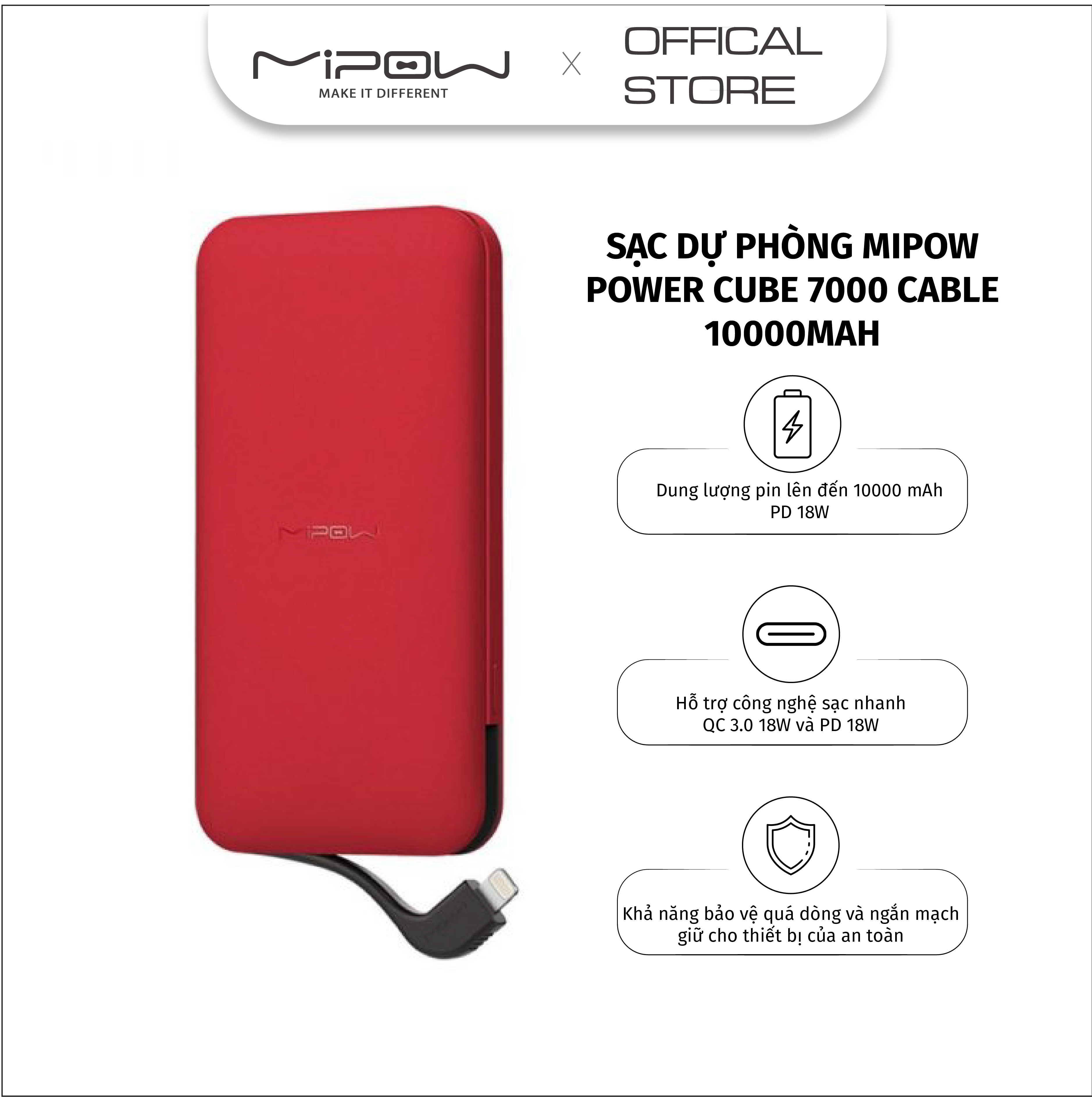 ĐẾ KIÊM PIN DỰ PHÒNG MIPOW POWER CUBE 7000 LIGHTNING CABLE - SPL08W