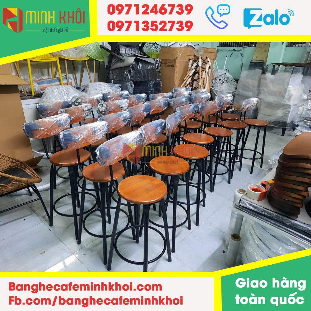 Ghế bar cafe chân sắt mặt gỗ giá rẻ