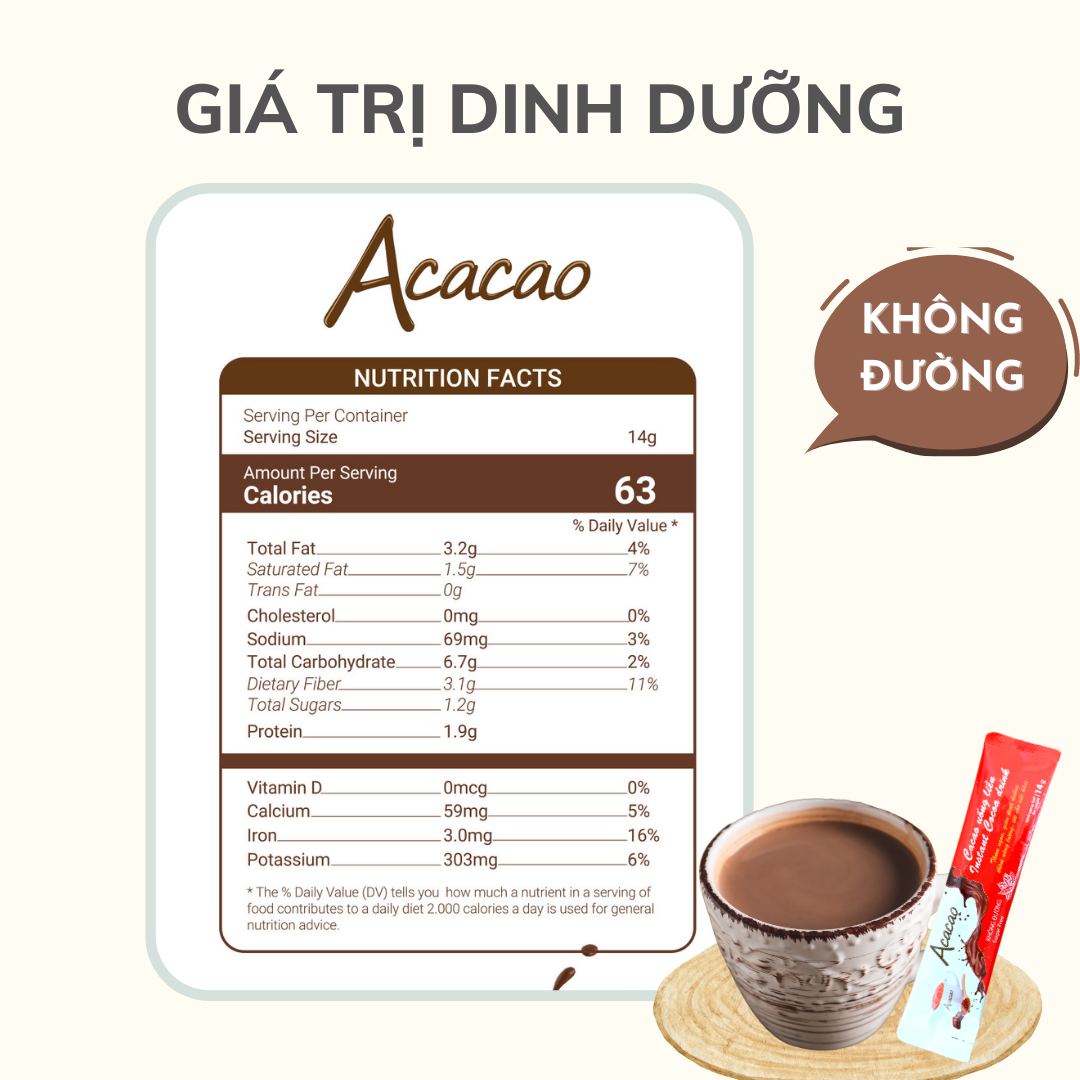 [2 gói] COMBO 01 túi CÓ ĐƯỜNG + 01 túi KHÔNG ĐƯỜNG Bột cacao uống liền ACACAO - Chuẩn HACCP [Acacao Vietnam]