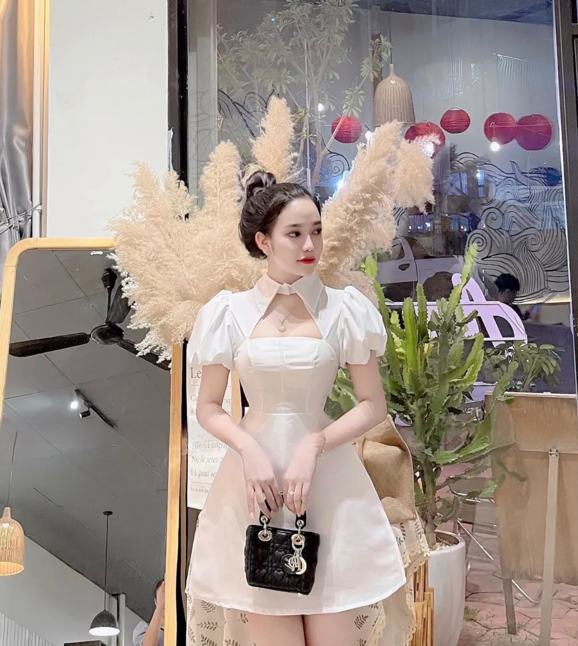 Đầm váy cổ sơ mi khoét ngực tafta lụa trắng đen sang trọng dự tiệc dạo phố nt7192