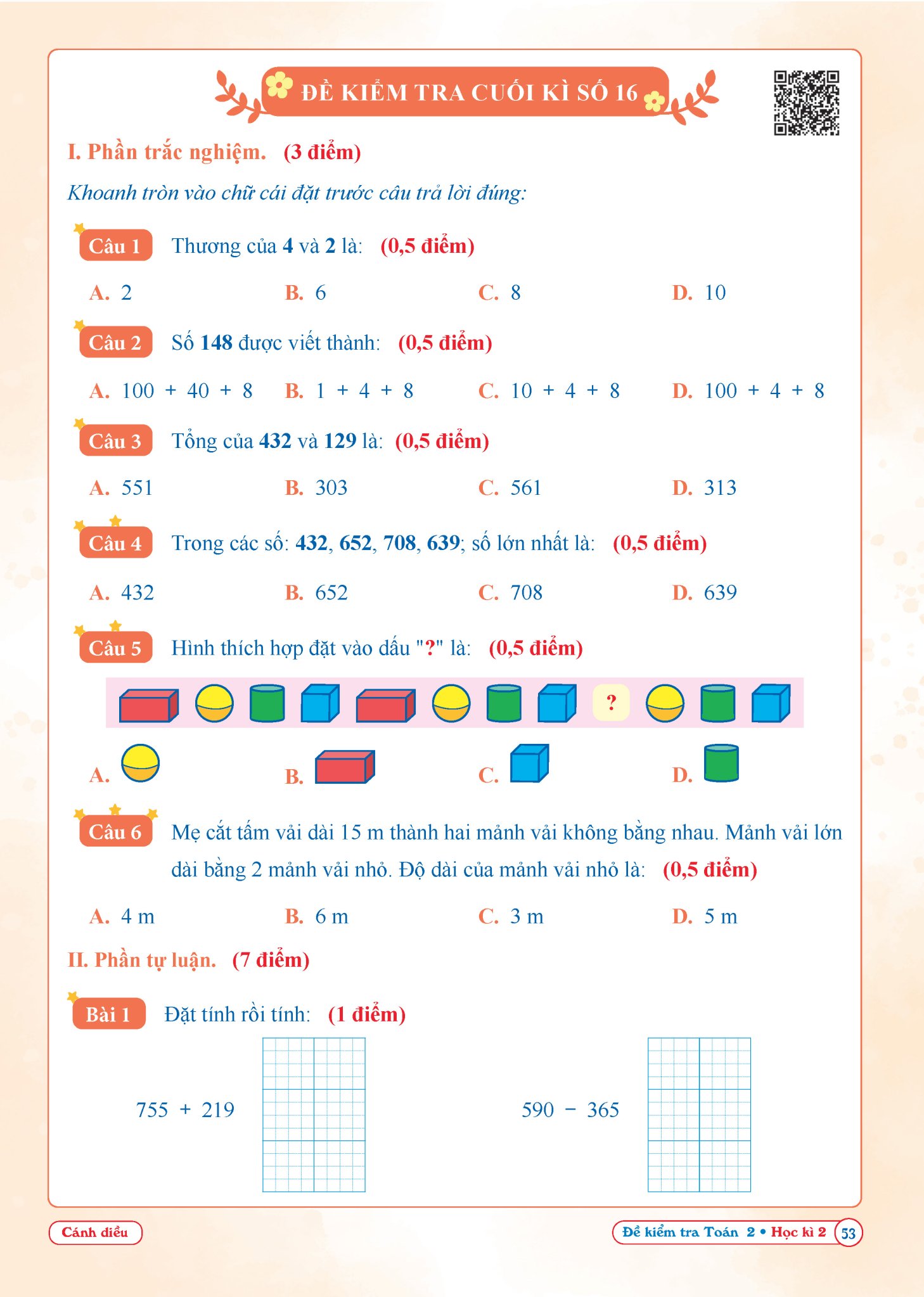 SÁCH - [ Lớp 2 - hk2 ] - Cánh diều - Đề kiểm tra toán 2 hk2