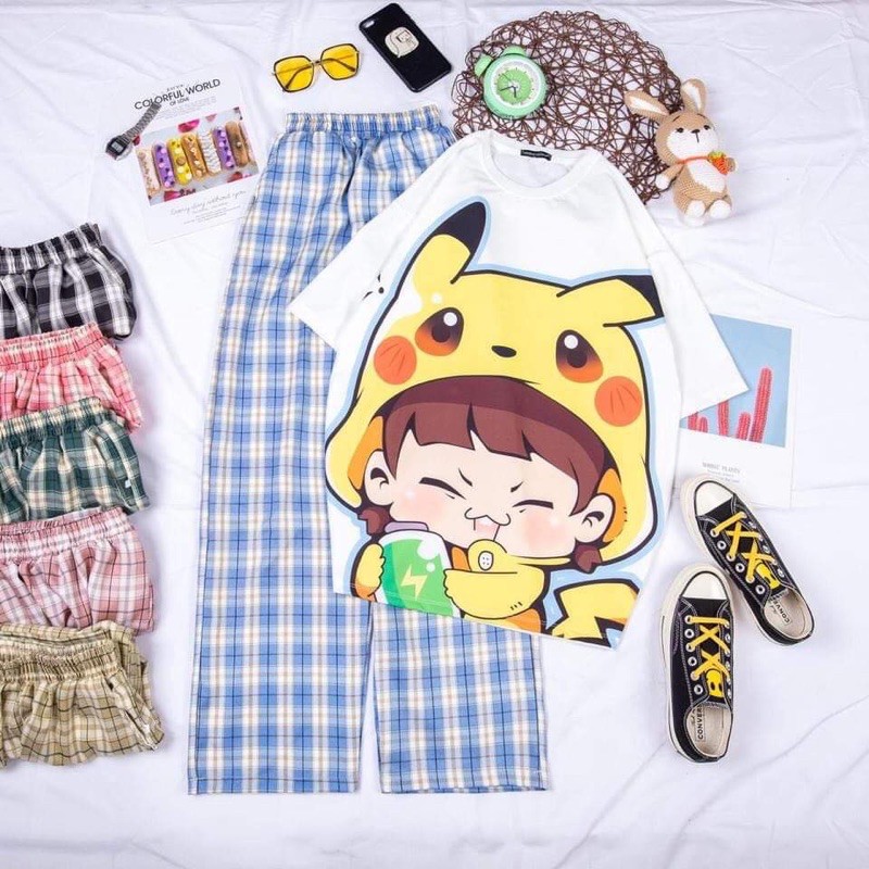 [FREESHIP] Set áo thun tay lỡ cô bé pikachu + quần kẻ caro ống suông rộng kT