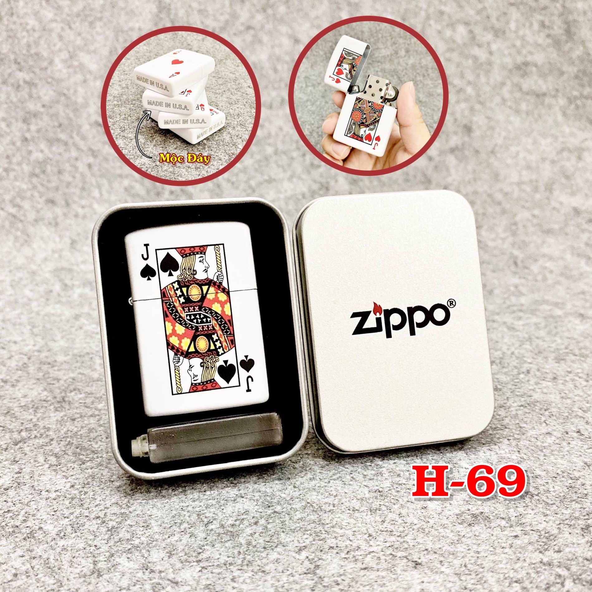 BẬT LỬA ZIPPO 2 MẶT HÌNH LÁ BÀI "Q BÍCH" (HỘP THIẾC KÈM XĂNG)