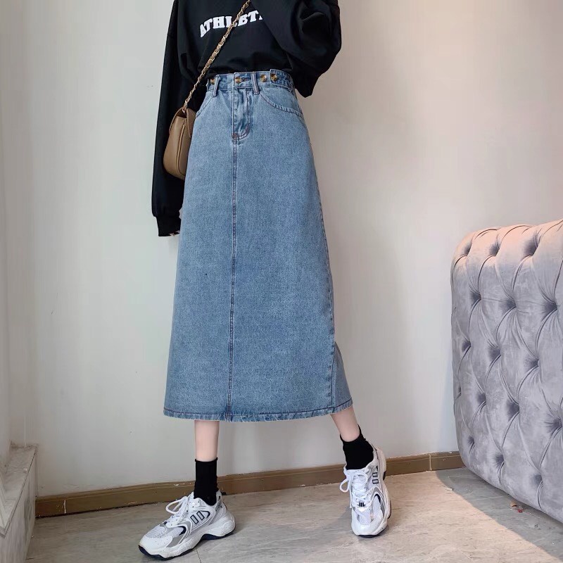 HOÀN TIỀN 15% - Chân váy jean dài cạp điều chỉnh độ rộng bụng váy bò dáng dài cạp cao phong cách