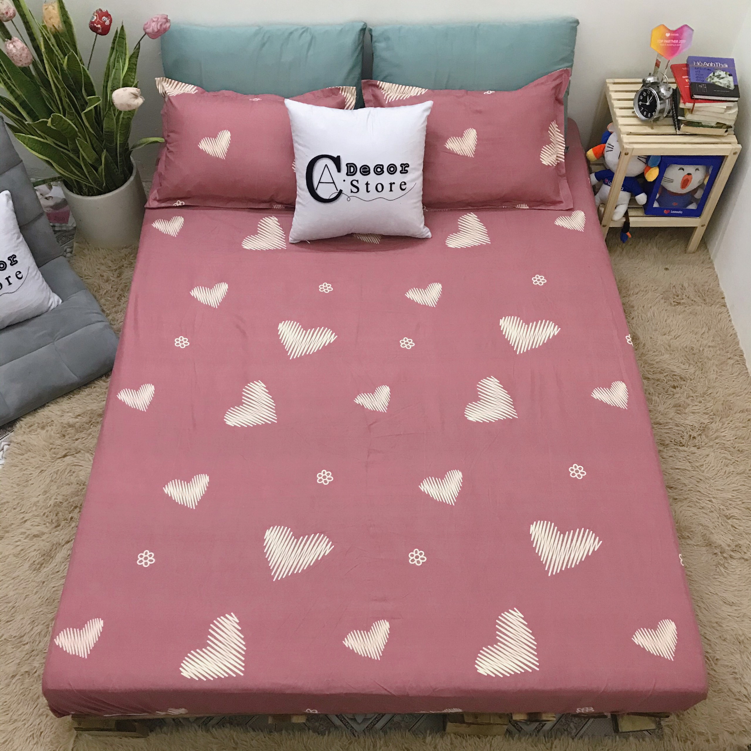Bộ Ga Giường Kèm 2 Vỏ Gối Cotton Poly C.A Decor, Hình Tim Hồng Chất Liệu Thoáng Mát , Kích Cỡ Đa Dạng