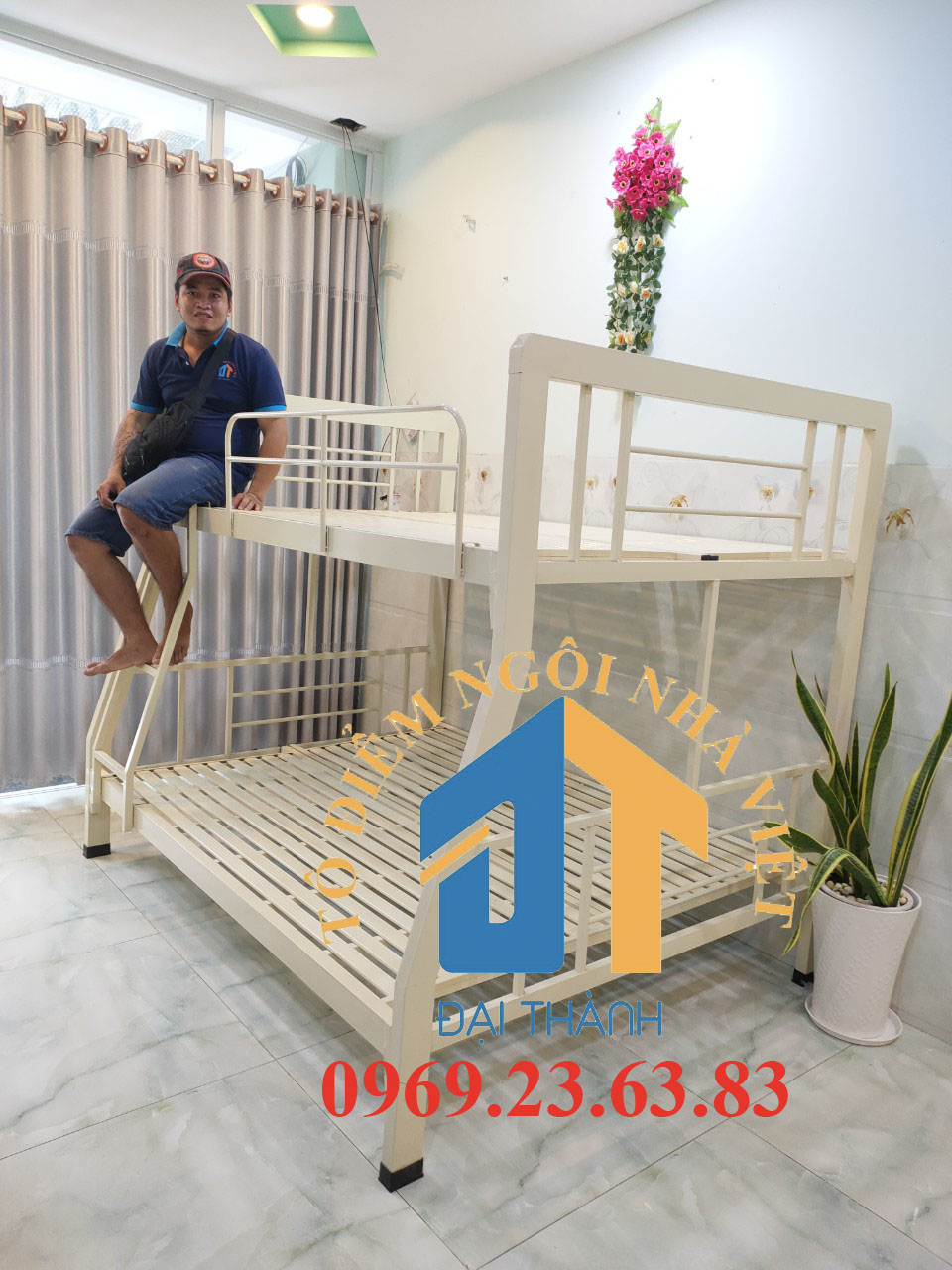 Giường  sắt tầng Trên 1m4 Dưới 1m6 Dài 2m sắt 4x8 Màu Gỗ  cao cấp free vận chuyển TP.HCM