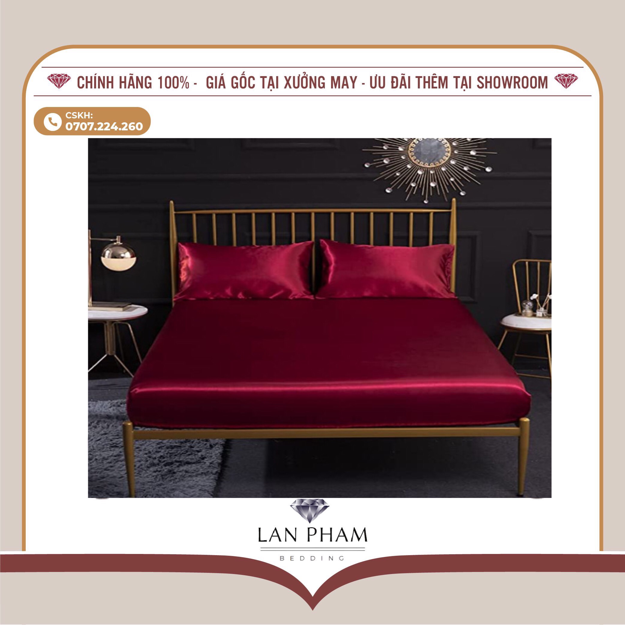 BỘ GA GIƯỜNG DRAP GỐI PHI LỤA MÀU ĐỎ ĐÔ CAO CẤP LAN BEDDING