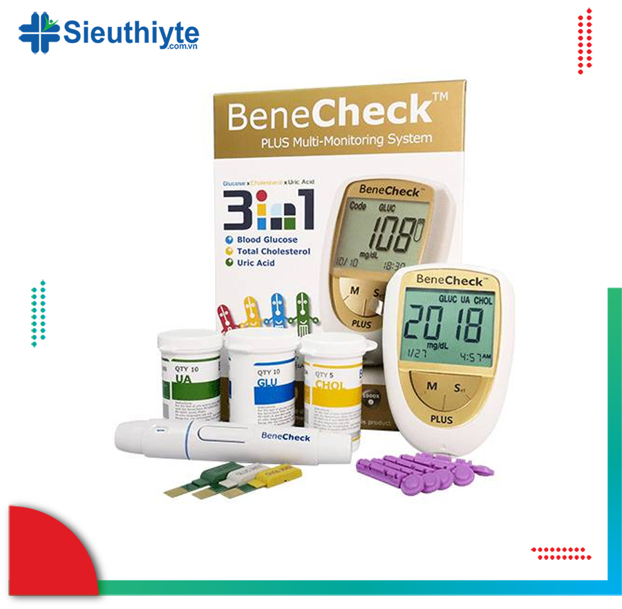 (Trọn Bộ) Máy Đo Đường Huyết, Mỡ Máu, Gút BeneCheck Plus 3in1 - Chính Hãng