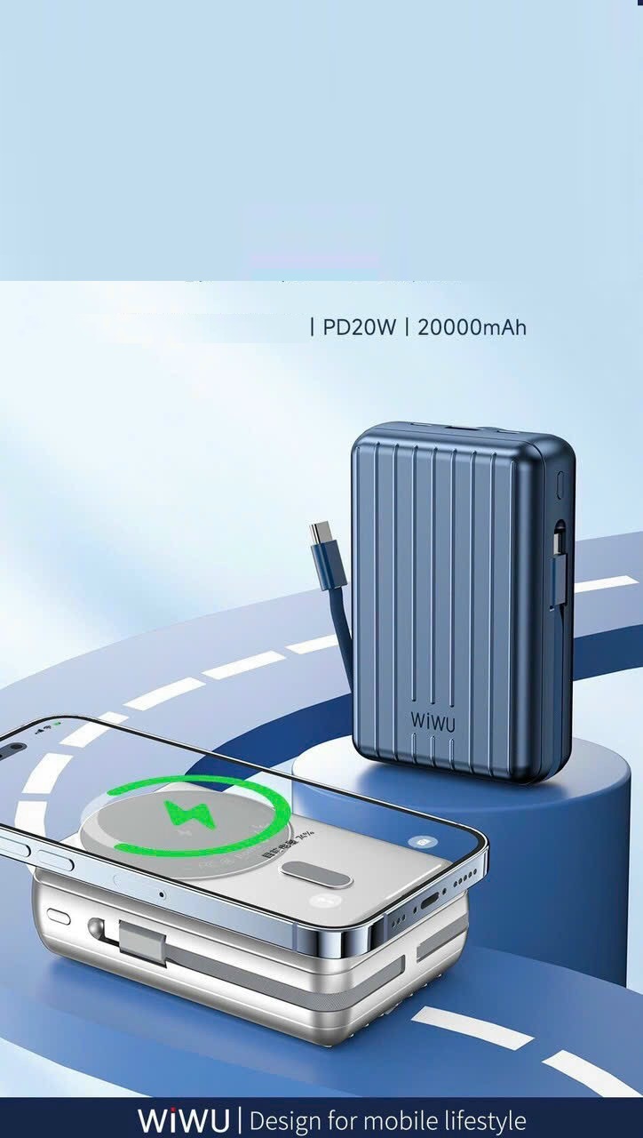 Pin dự phòng Wiwu Trunk Series PP04 20000mAh thiết kế sạc không dây và có dây, sử dụng an toàn trên máy bay