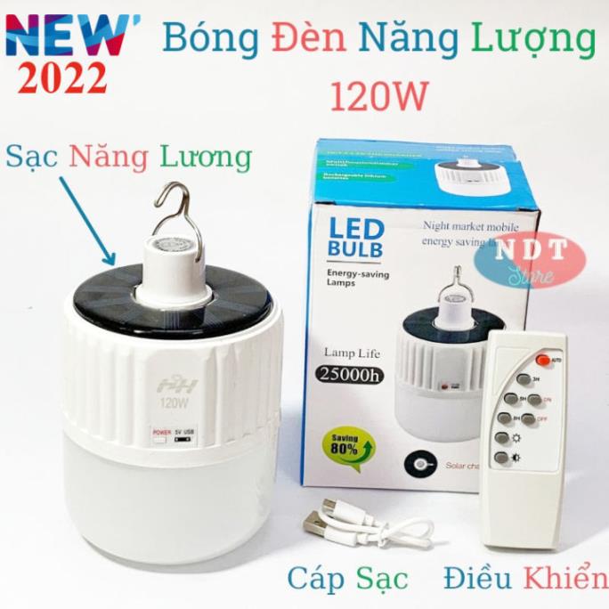 Bóng đèn tích điện 120w siêu sáng có điều khiển -REMOTE hỗ trợ sạc năng lượng mặt trời , sáng 4 chế độ chống nước
