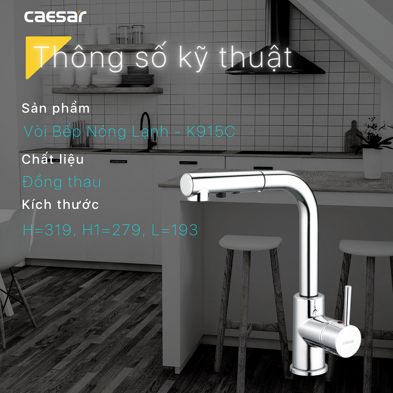 Vòi rửa chén nóng lanh Caesar K915C dây rút, Chính hãng, Bảo hành 24 tháng