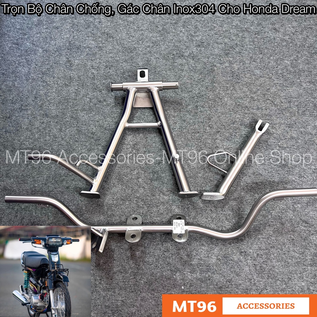 Trọn bộ chân chống inox, gác chân trước inox cho honda dream chuẩn inox304