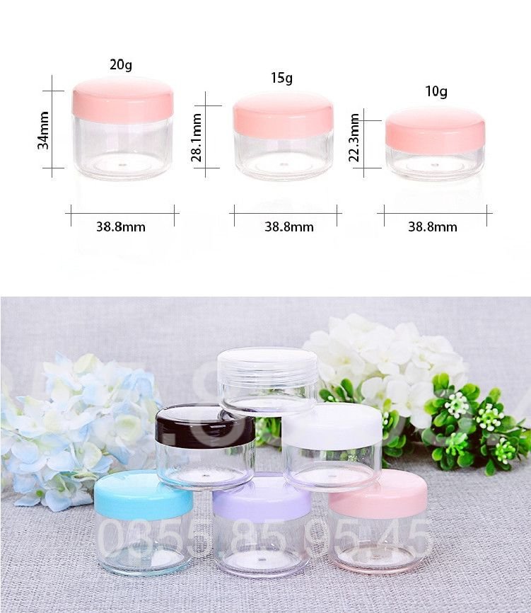10 Hũ nhựa tròn XỊN 10g 15g 20g thân trong nắp nhiều màu , Hủ pet chiết mỹ phẩm tròn du lịch 10ml 15ml 20ml
