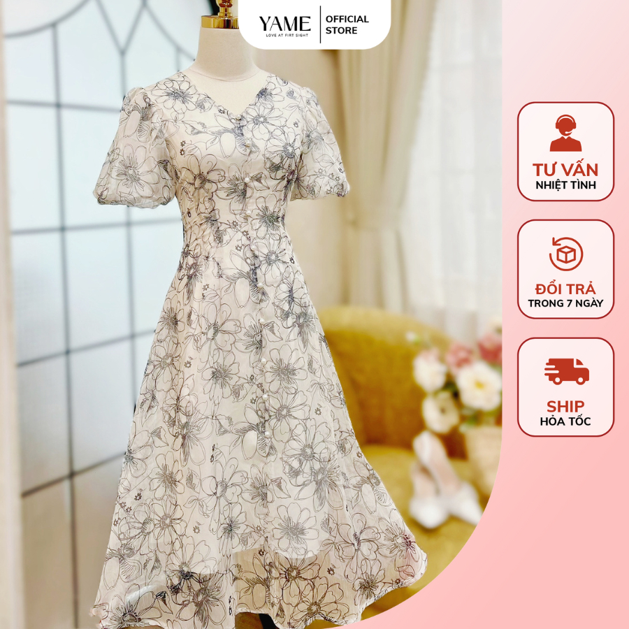 Đầm hoa cổ v tay bồng dáng chữ a yv180 yame