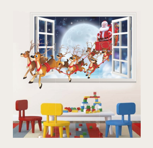 Decal trang trí Noel - Ông già Noel cưỡi tuần lộc qua cửa sổ