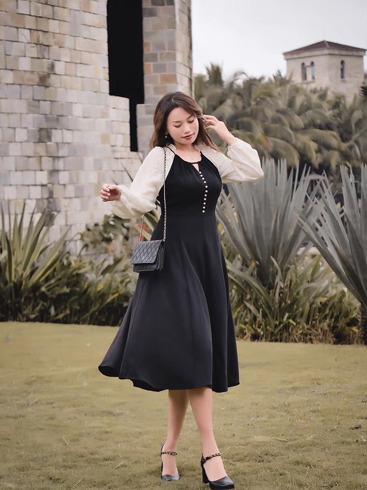 Đầm lụa phối tay dài bigsize thiết kế - G7523