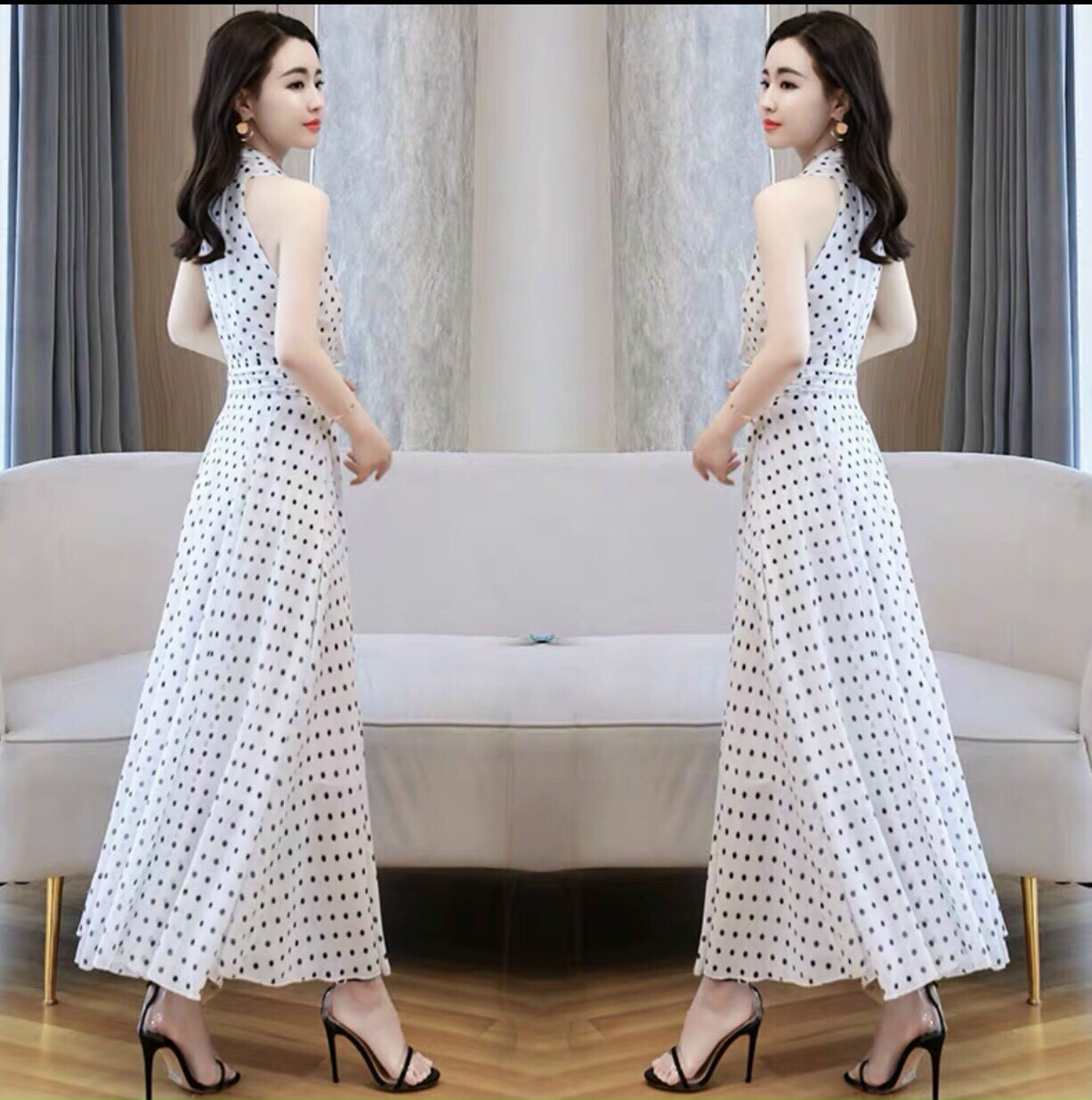 ĐẦM MAXI CHẤM BI CỔ V