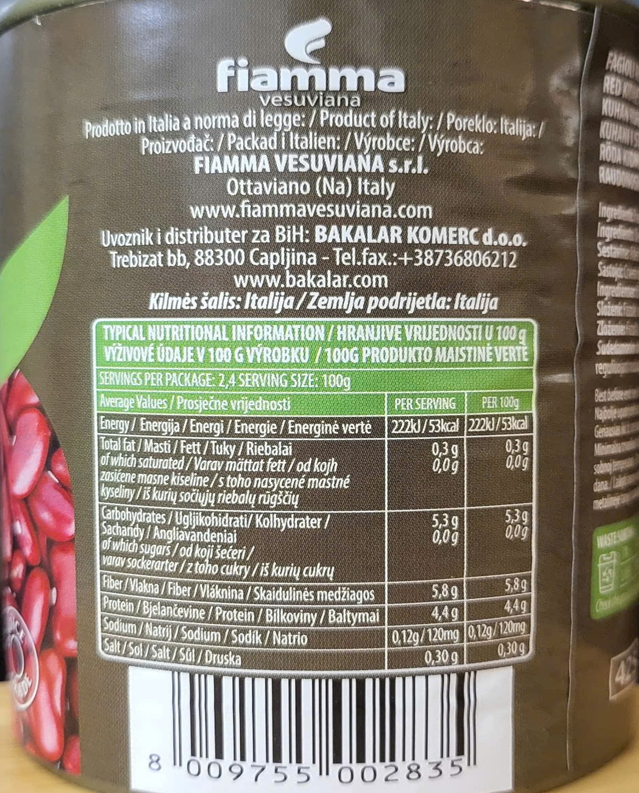 FIAMMA - Lon 400g - ĐẬU ĐỎ ĐÓNG HỘP / Ý / VESUVIANA Red Kidney Beans (HALAL)