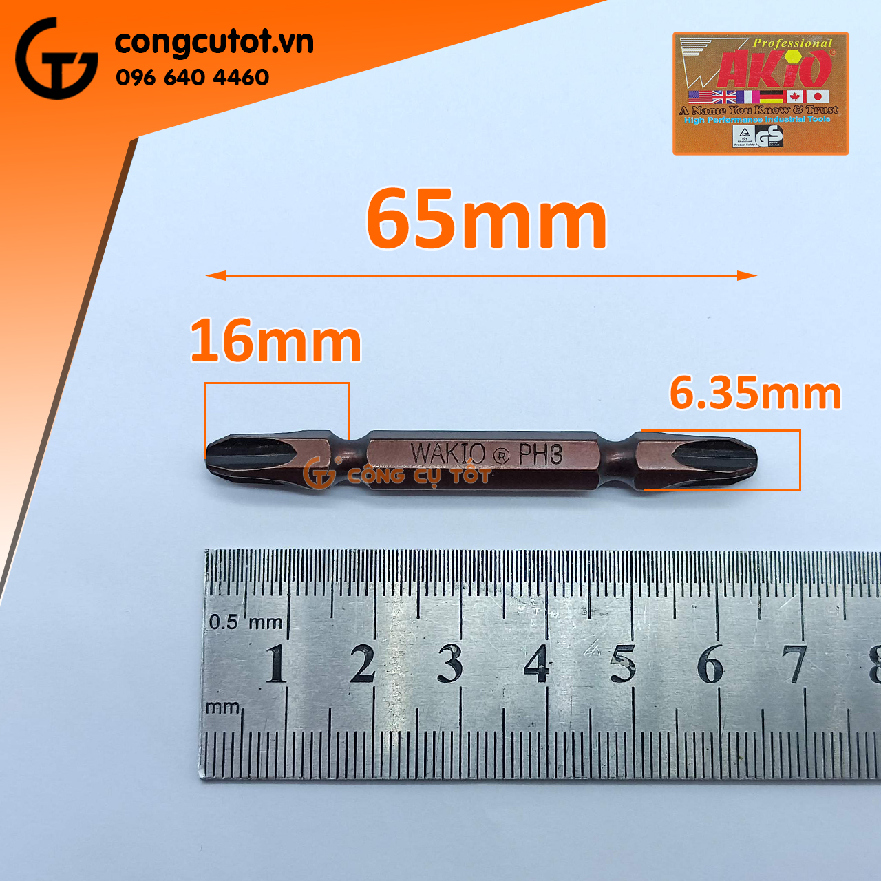 Mũi bắt vít 2 đầu PH3 Wakio dài 65mm