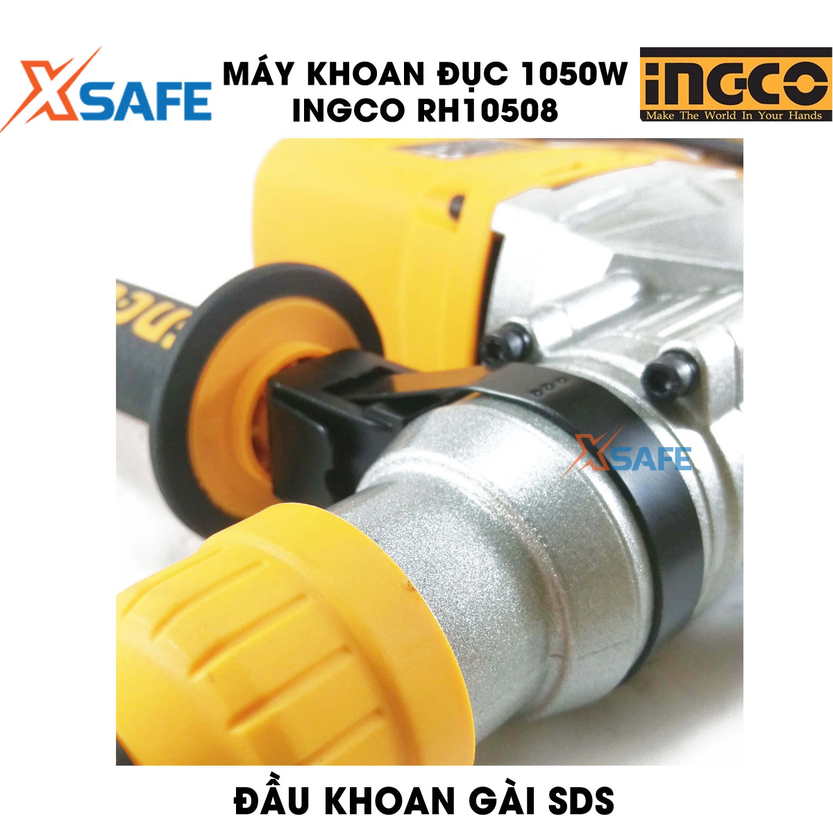 Máy khoan búa cầm tay 3 chức năng 1050w Ingco RH10508 đầu khoan gài sds, tốc độ 900rpm; tốc độ đập 4000bpm, lực đập 5j, khả năng khoan bê tông 28 mm, đục 14mm, thép 13mm, kèm 3 mũi khoan gài, 2 mũi đục Máy khoan đ