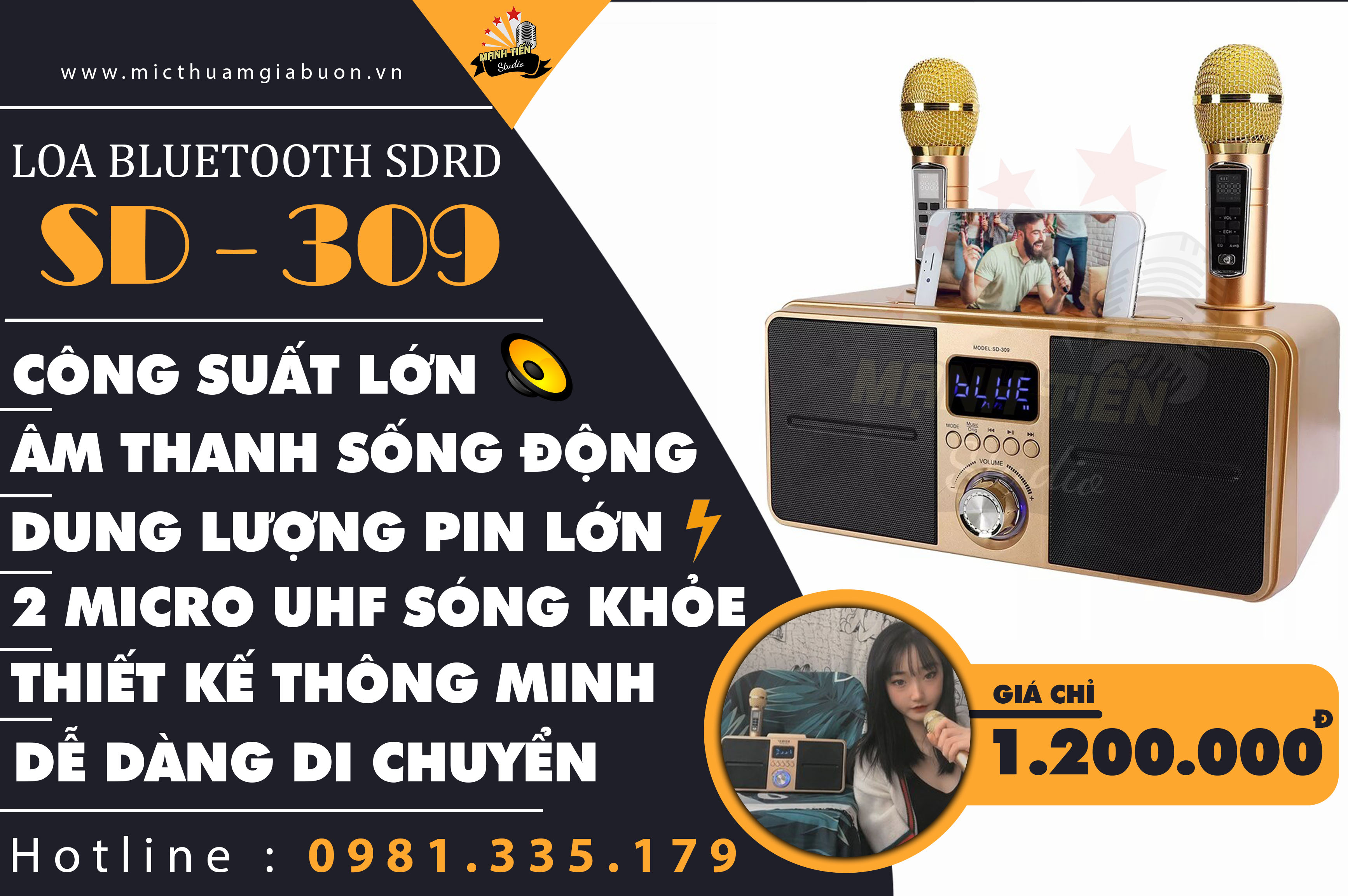 Loa karaoke di động, Loa nhật công suất lớn, Loa Karaoke Bluetooth SDRD SD309 MỚI NHẤT 2024, kèm 2 mic không dây, Âm Thanh Nổi Stereo 3D ấn tượng, hiết kế đơn giản, Âm Thanh tràn sống động, Bảo Hành 12 tháng