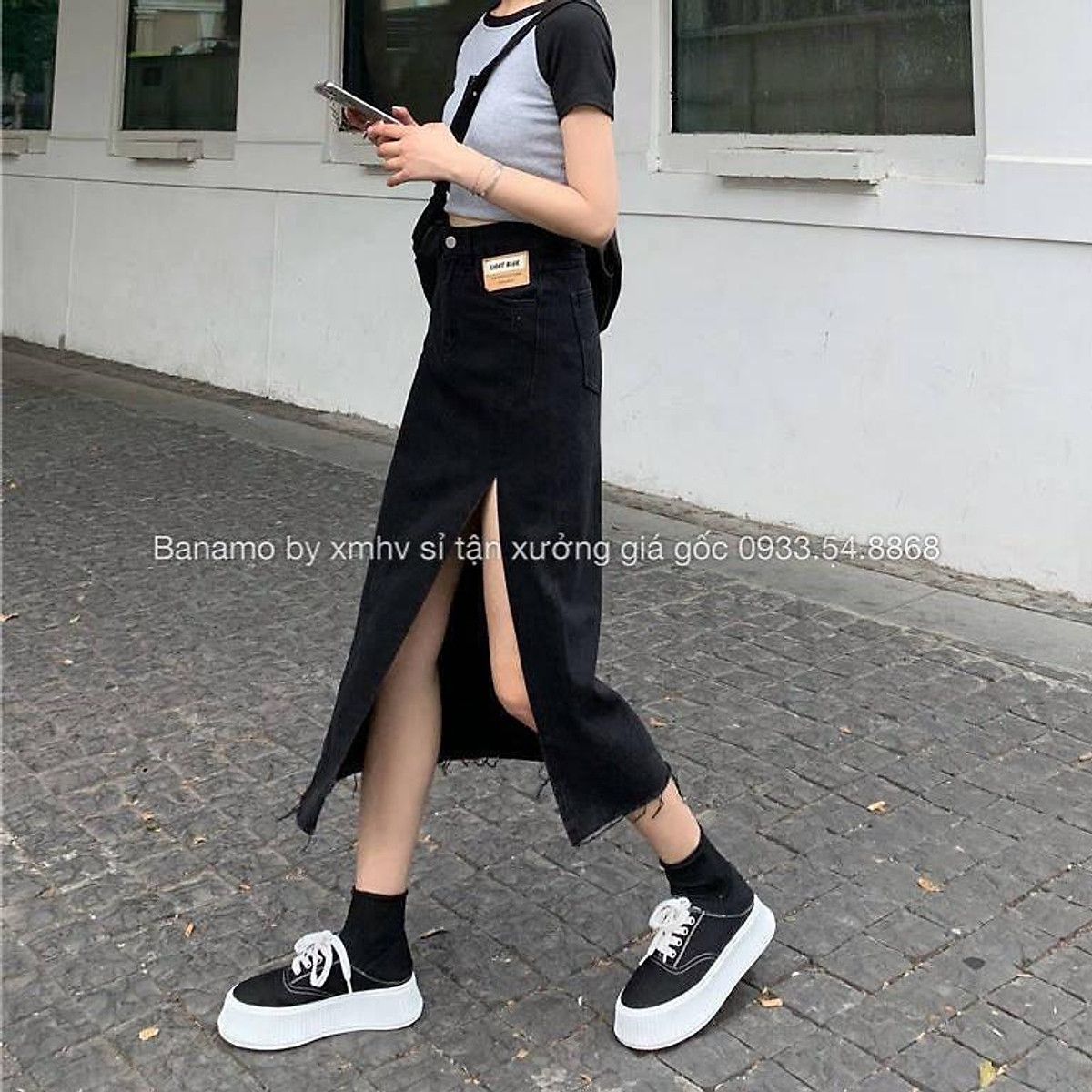 Chân váy jean xẻ đùi chân váy bò xẻ tà dáng dài cạp cao phong cách Ulzzang