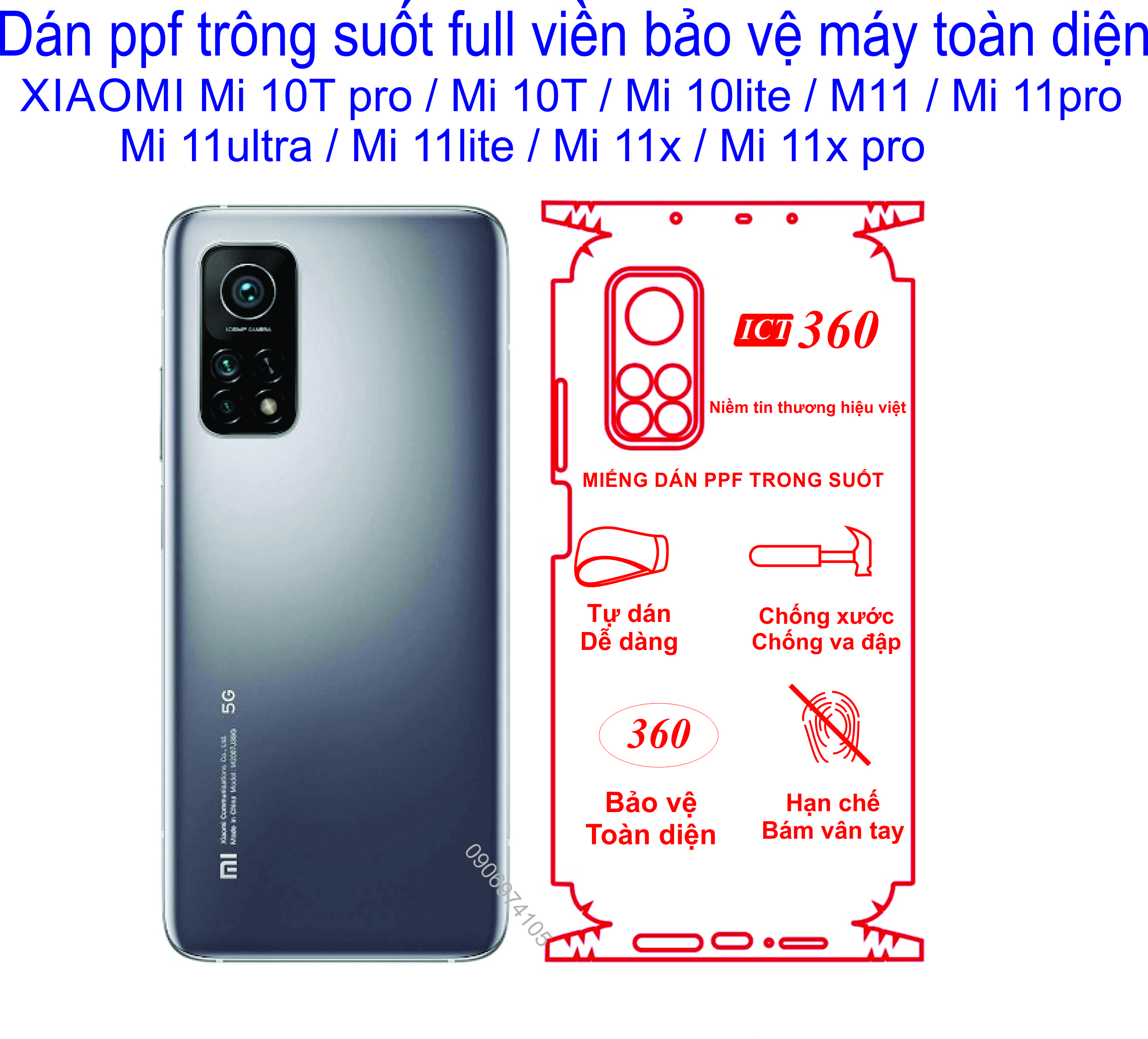 Miếng Dán PPF Full viền XIAOMI Mi 10T pro / Mi 10T / Mi 10lite / Mi 11 / Mi 11pro / Mi 11ultra / M 11lite / M 11x / Mi 11x pro Bảo vệ máy toàn diện