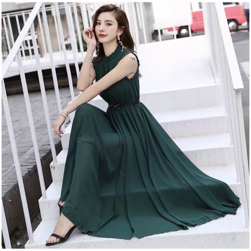 [HCM]ĐẦM XANH MAXI CỔ TRỤ KÈM NỊT