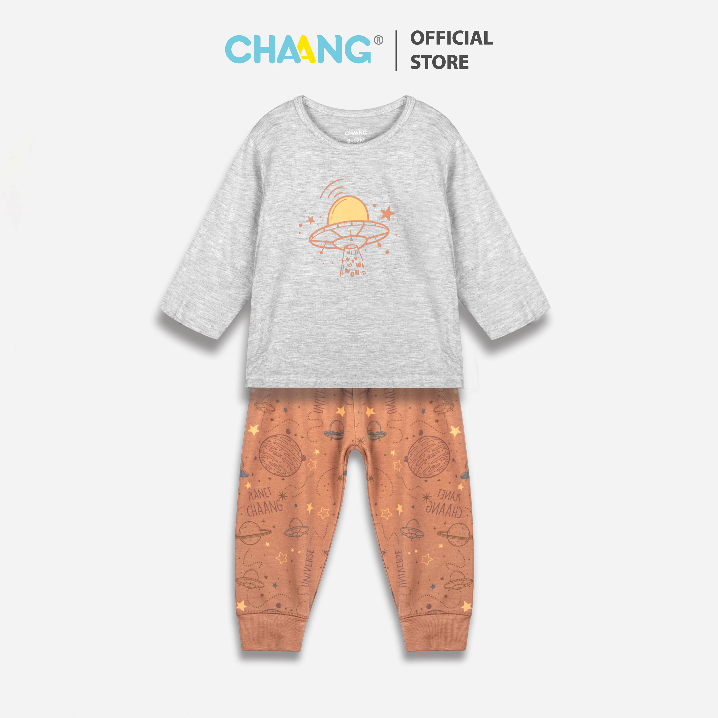 Bộ quần áo dài cúc vai cho bé trai Cosmos phi thuyền nâu Chaang